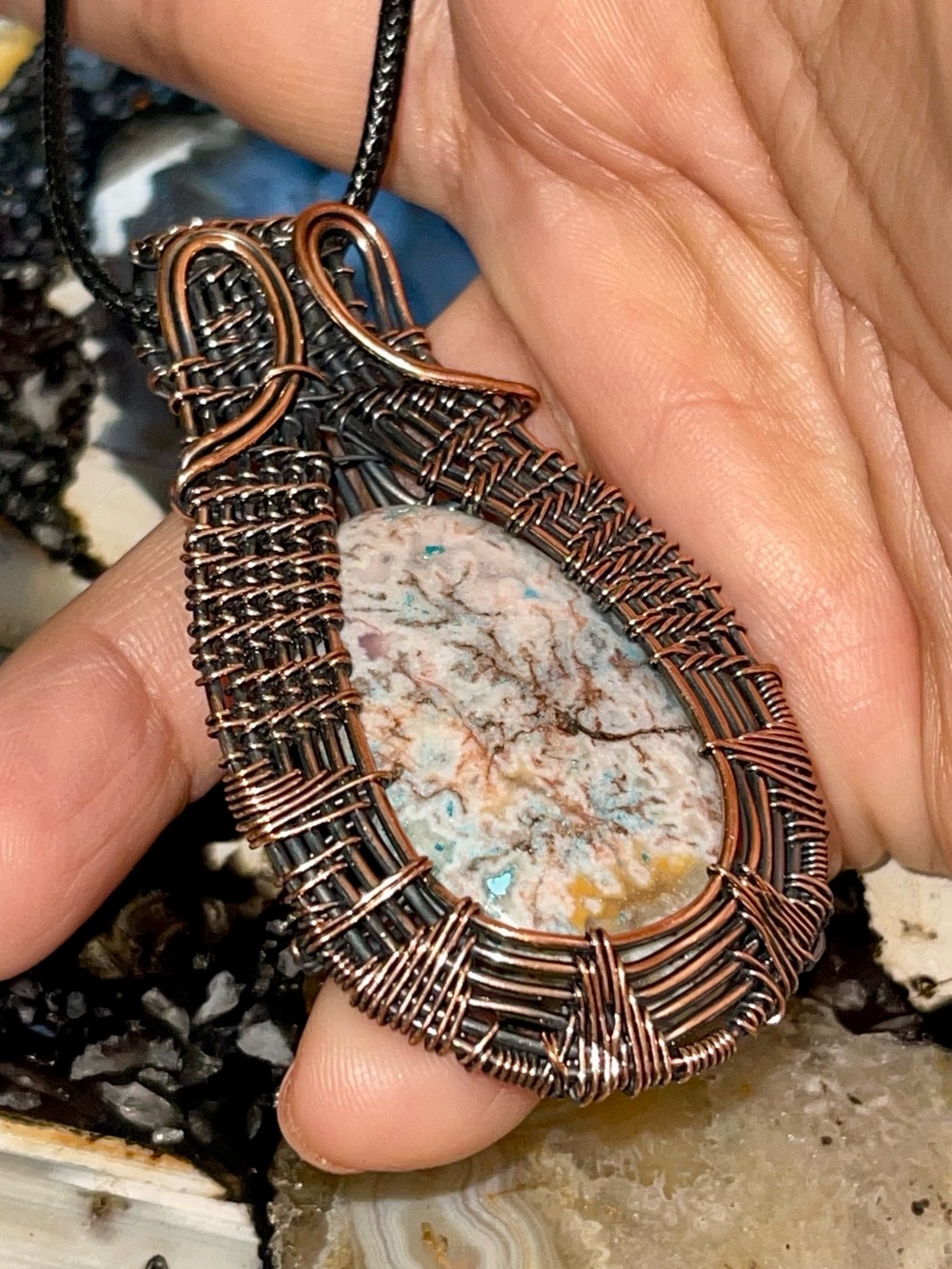 Oxidized Wire-wrapped Dyed Crazy Lace Agate Pendant 2 1/2”